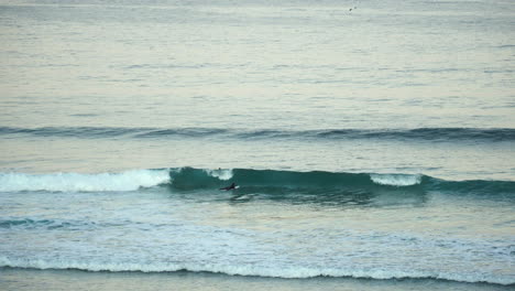 hand-held shot of surfers paddling out into the ocean to catch waves at purakaunui