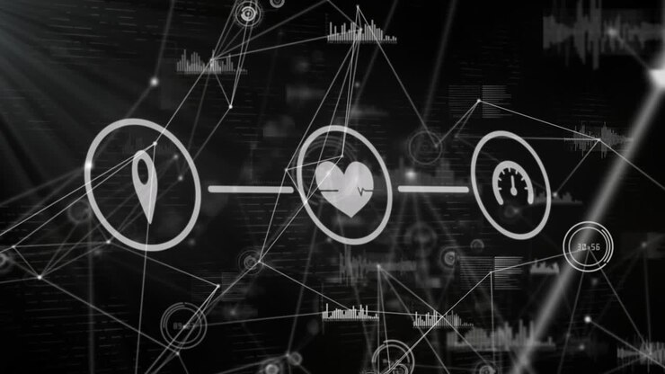 Animation of digital icons, network of connections and data processing against black background