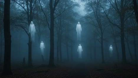 ethereal ghostly figures hovering in a misty forest landscape, creating a haunting and enigmatic atmosphere surrounded by trees and fog