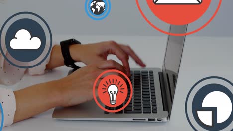 animation of icon in circles over midsection of caucasian girl typing on keyboard of laptop