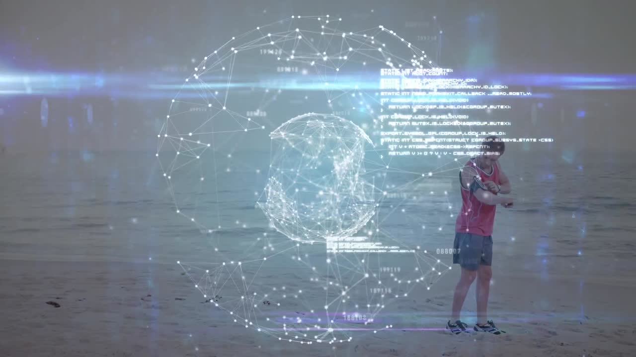 Animation of globe of connections over fit man running at beach