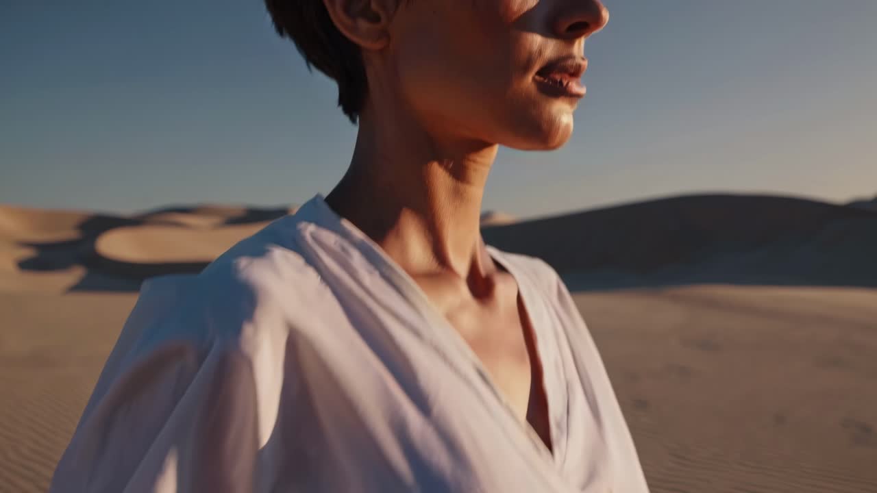 Una donna in un abito bianco cammina attraverso vaste dune del deserto al tramonto