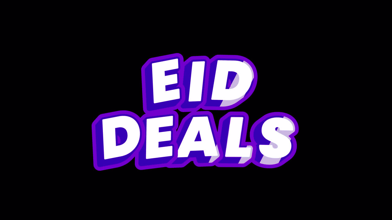 Animated Eid Deals Text with Glitch Effect on Black Background