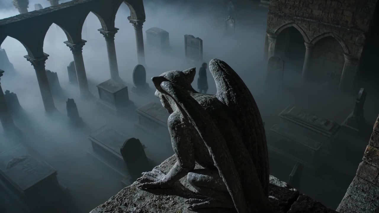 Un gargoyle seduto osserva un cimitero da una sporgenza, la nebbia che avanza rivela una figura ammantata che cammina, con spazio per il testo.
