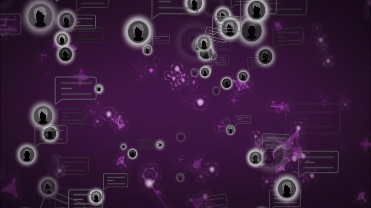 Digital network connections with silhouettes and chat bubbles on purple background animation