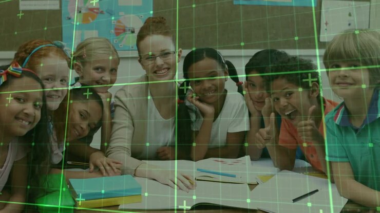 Teacher and students leaning in as education grid overlay appearing wraps faces revealing textbooks