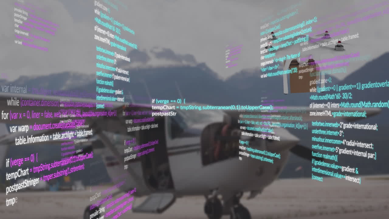 animación del procesamiento de datos sobre helicóptero y paisaje de montaña