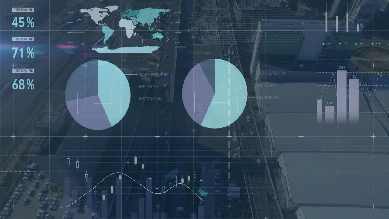 HUD overlay animating over highway, highlighting world map, pie charts, bar graphs, candlesticks