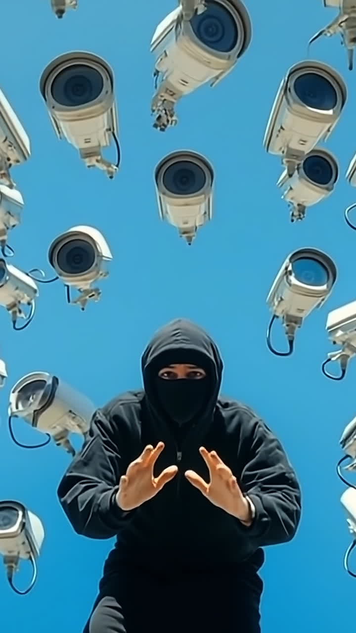 Cameras watch in clear sky. A person in a black hoodie stands outside, surrounded by numerous surveillance cameras pointing everywhere.
