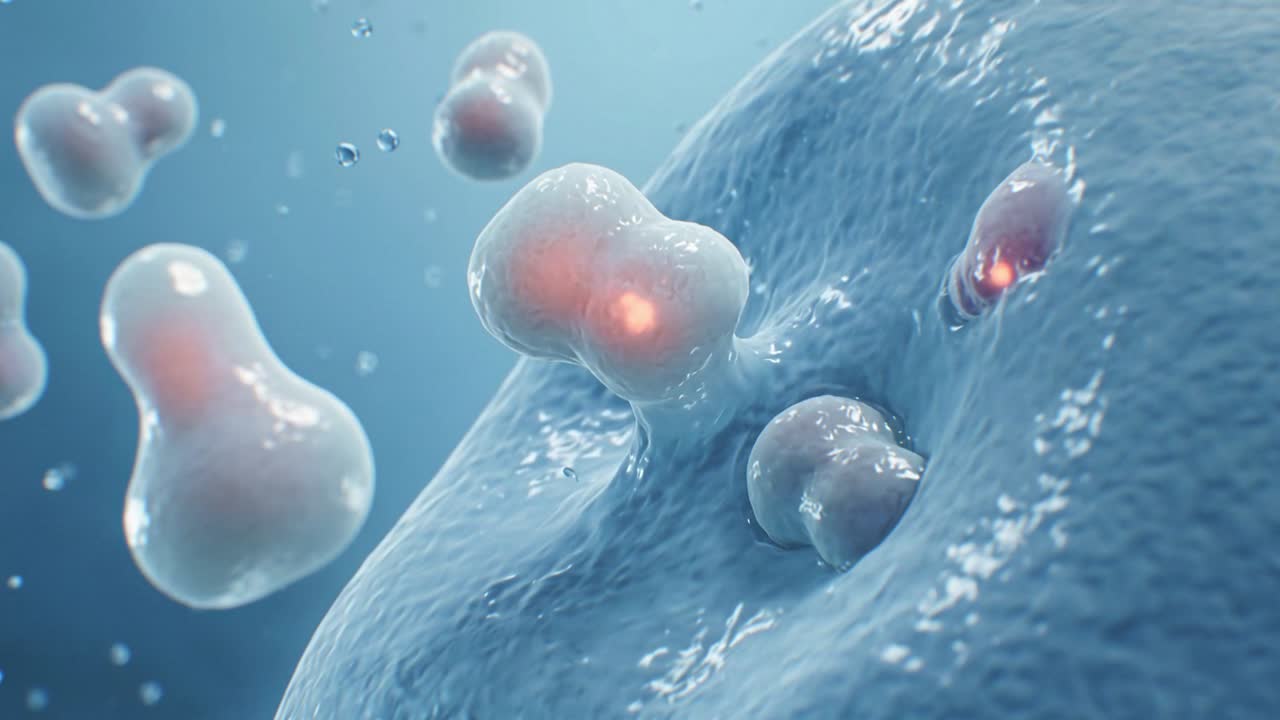 Mikroskopická buněčná membrána tvořící zaoblený výběžek se zářícím jádrem v tekutém biologickém prostředí