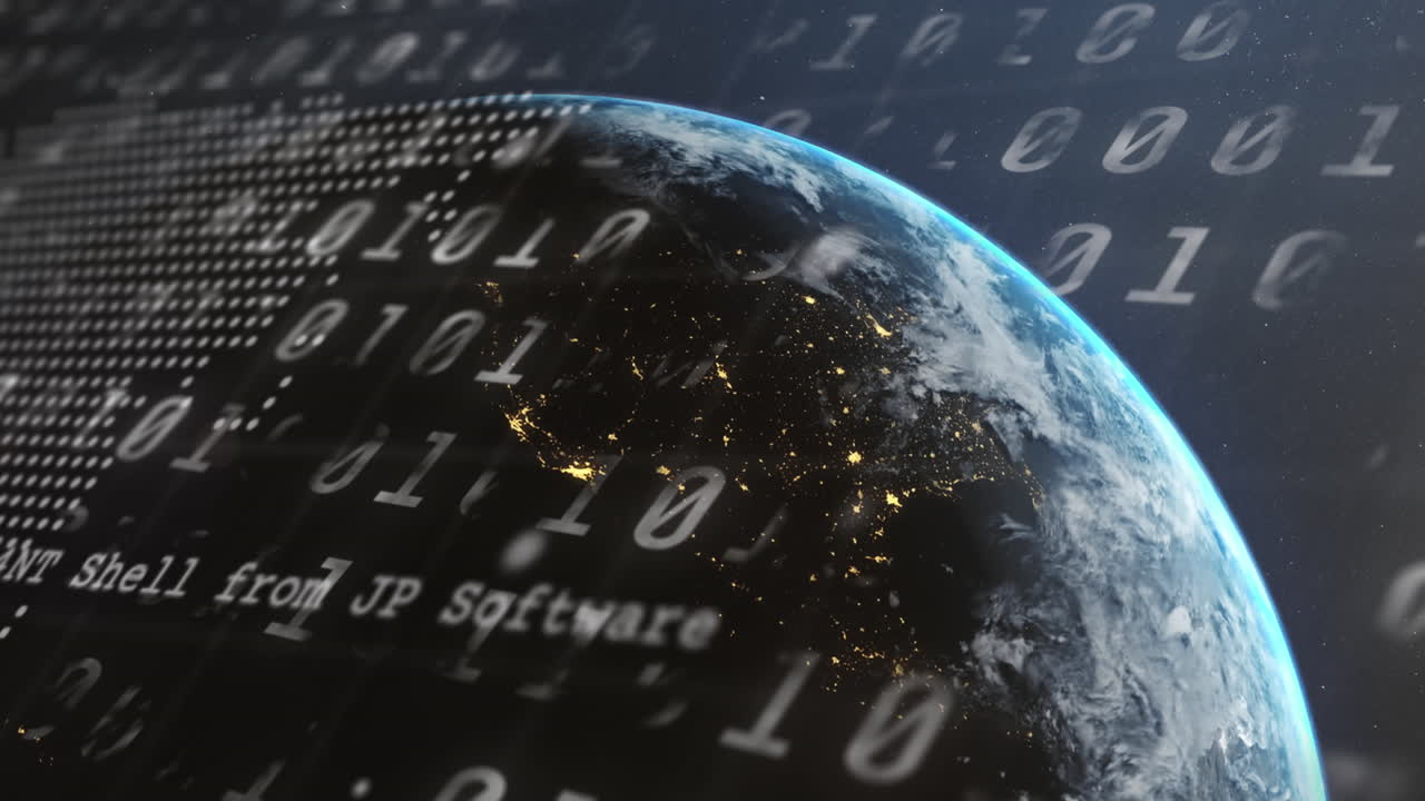 Animation of binary coding and data processing over globe