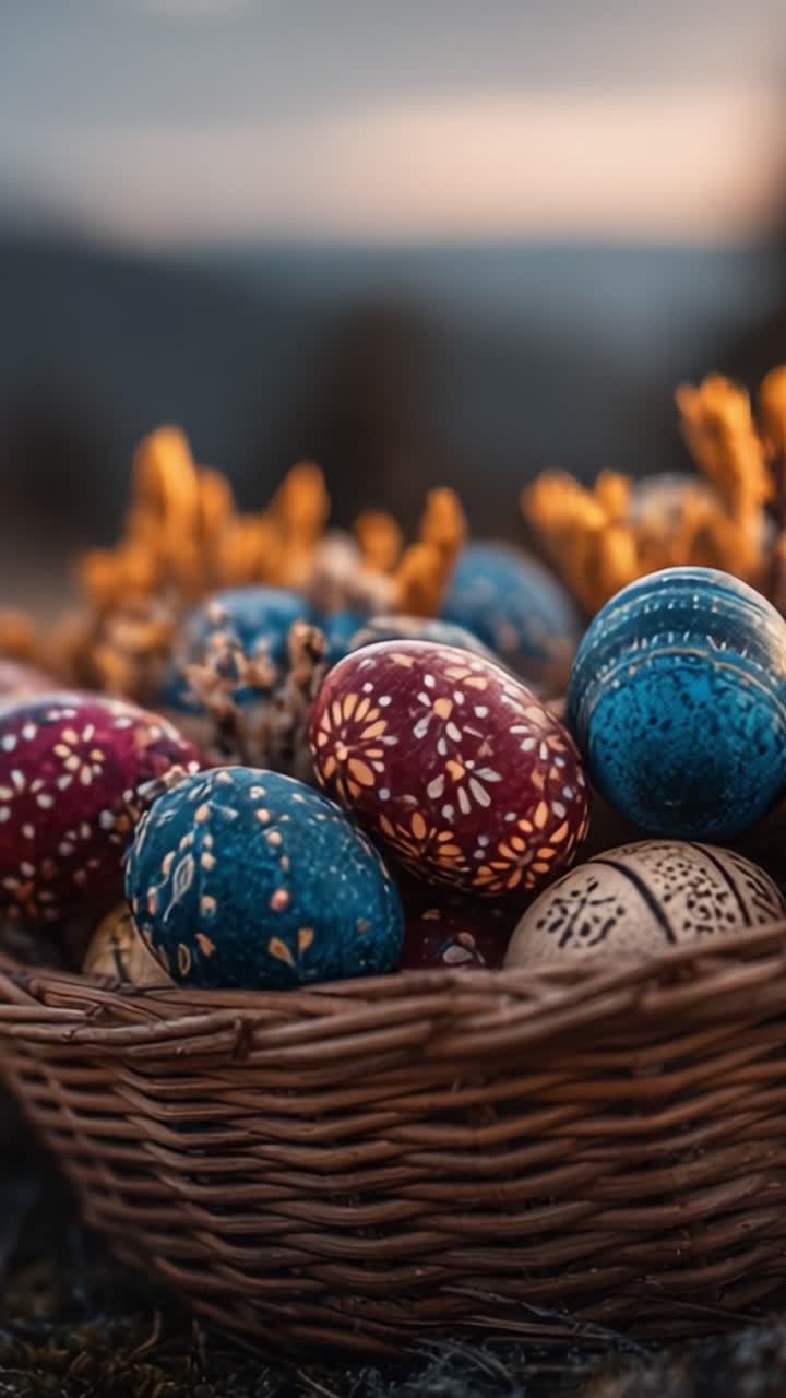 A Vibrant Array of Hand-Painted Easter Eggs Nestled in a Rustic Basket Surrounded by Warm Natural Elements, Perfectly Capturing the Joy of Spring Celebrations