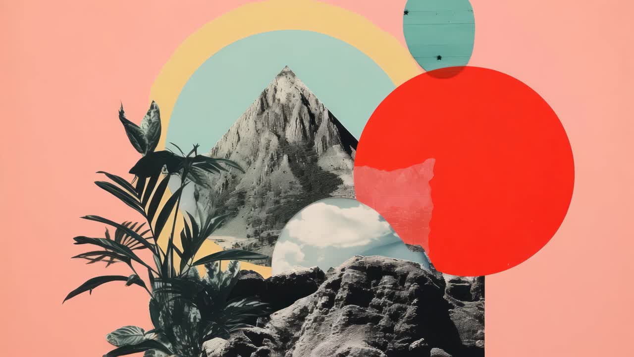 Surreal collage with a mountain, plants, and colorful circles