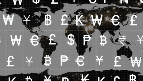 animation of currency symbols and financial data processing over world map