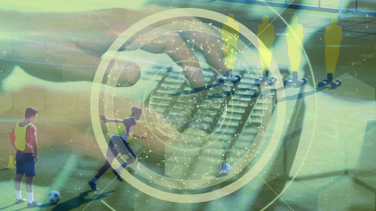 데이터 처리의 애니메이션과 다양한 남성 축구 선수에 대한 프로그래머의 손