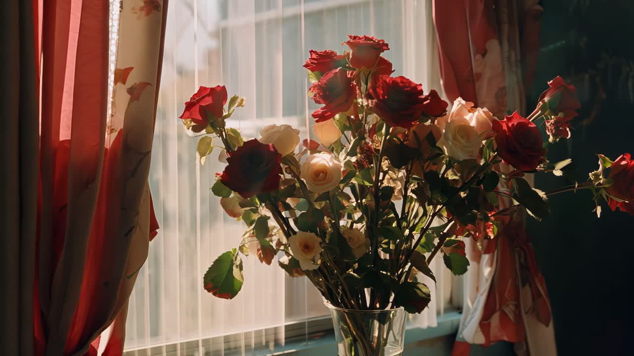 Soft sunlight filtering through striped sheer curtain illuminating red and white rose bouquet in transparent glass vase on wooden windowsill, casting delicate shadows and warm elegance