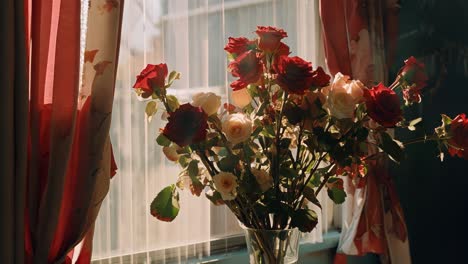 soft sunlight filtering through striped sheer curtain illuminating red and white rose bouquet in transparent glass vase on wooden windowsill, casting delicate shadows and warm elegance