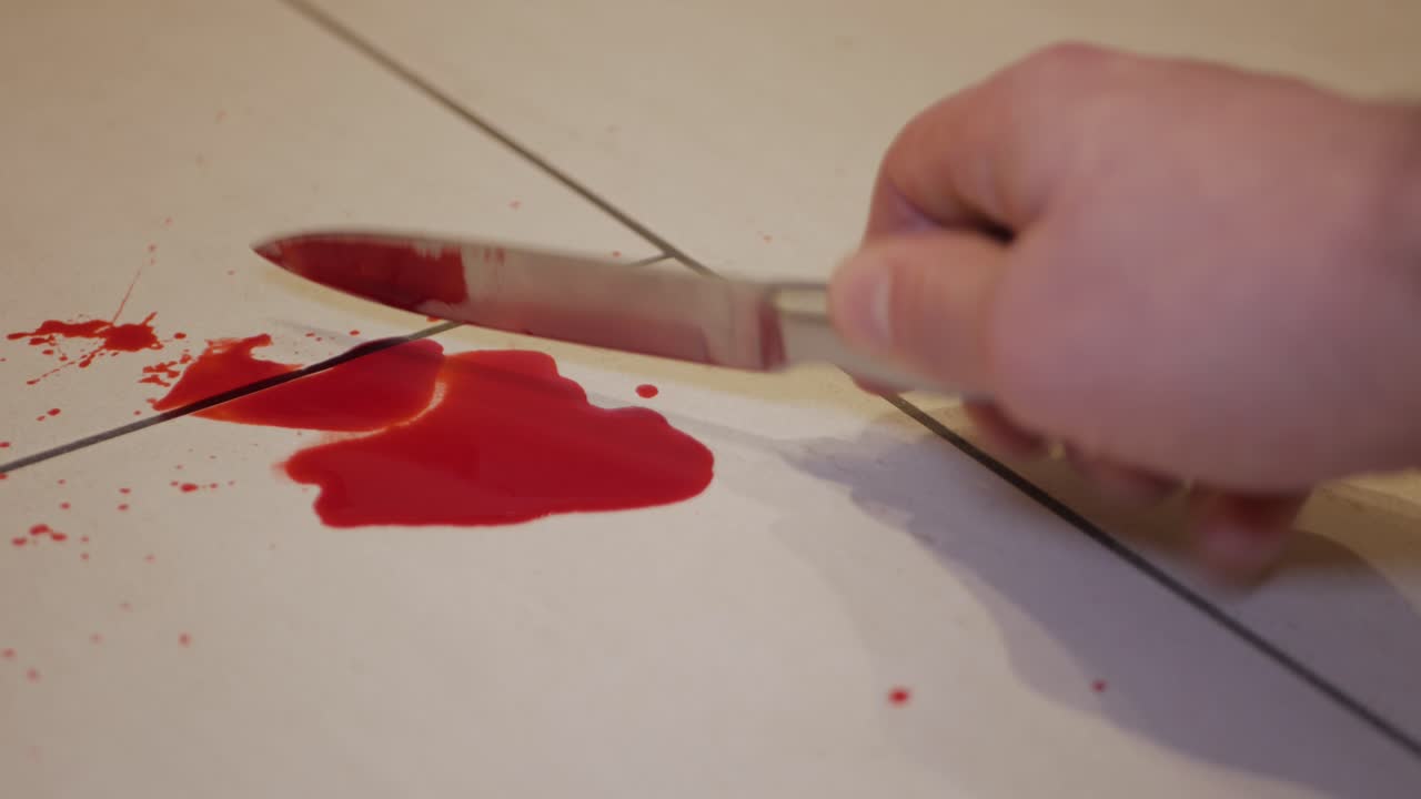 levantando un cuchillo de arma homicida salpicado de sangre, primer plano