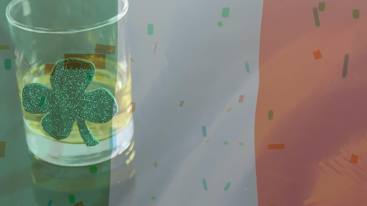 Bicchiere di whisky con un trifoglio su sfondo di bandiera irlandese