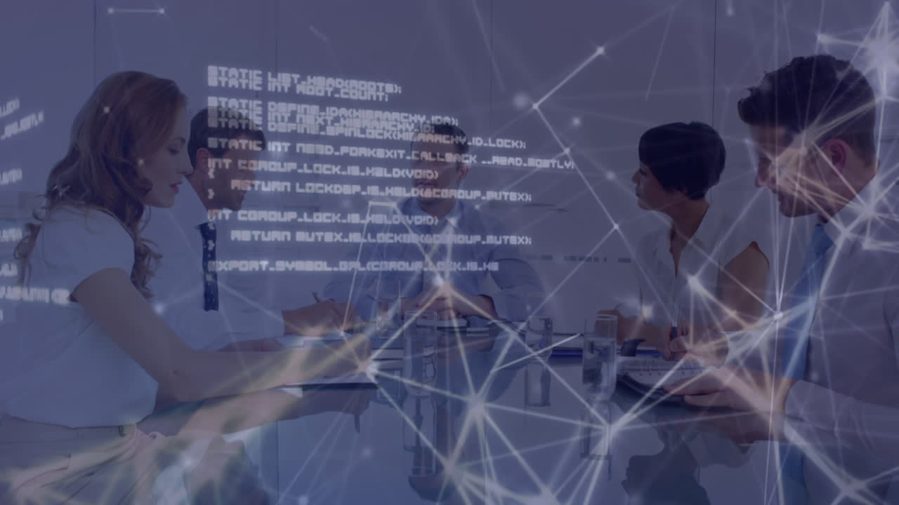 Animation of financial data processing over business people in office