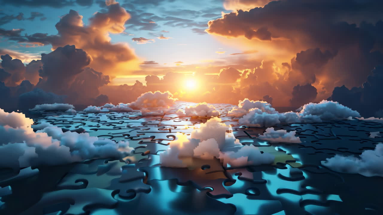 A puzzle of clouds with a sun in the middle. The sky is filled with clouds and the sun is shining through them