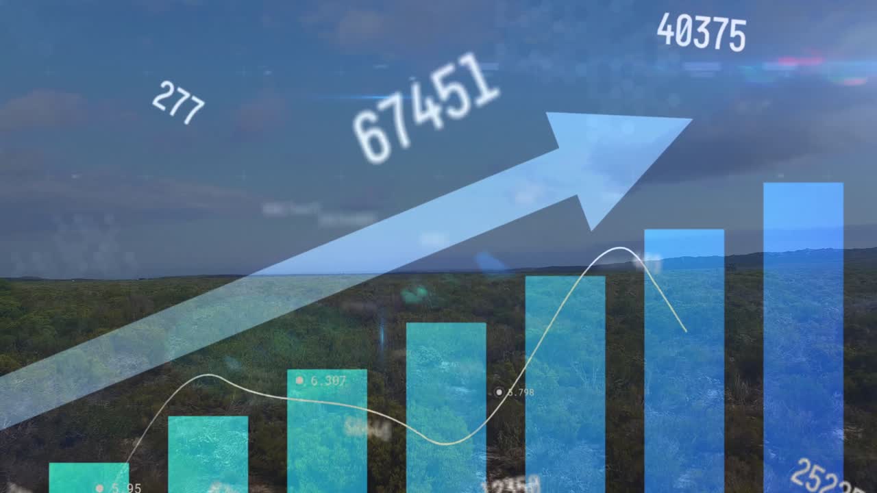 animación de flecha en gráfico de barras y números cambiantes sobre el paisaje verde contra el cielo nublado