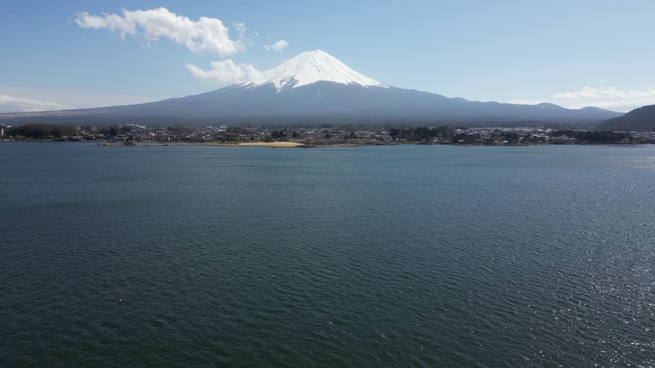 Slow sideways slow motion drone flight over Lake Kawaguchiko with Mt. Fuji
