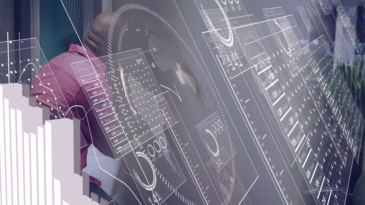 Working on futuristic interface, person viewing digital data and animation graphs