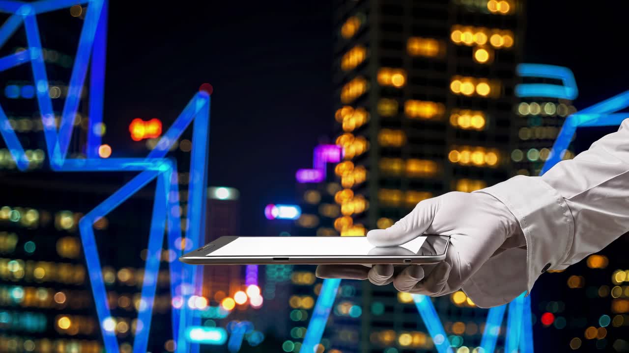 도시 조명 위에 디지털 인터페이스를 가진 드 딩 태블릿