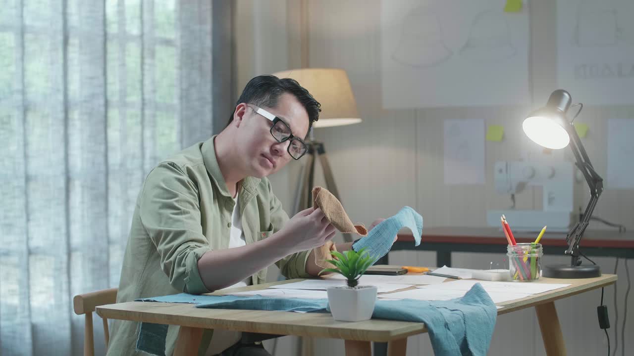 손에 있는 직물을 바라보는 레이아웃 을 가진 아시아인 디자이너