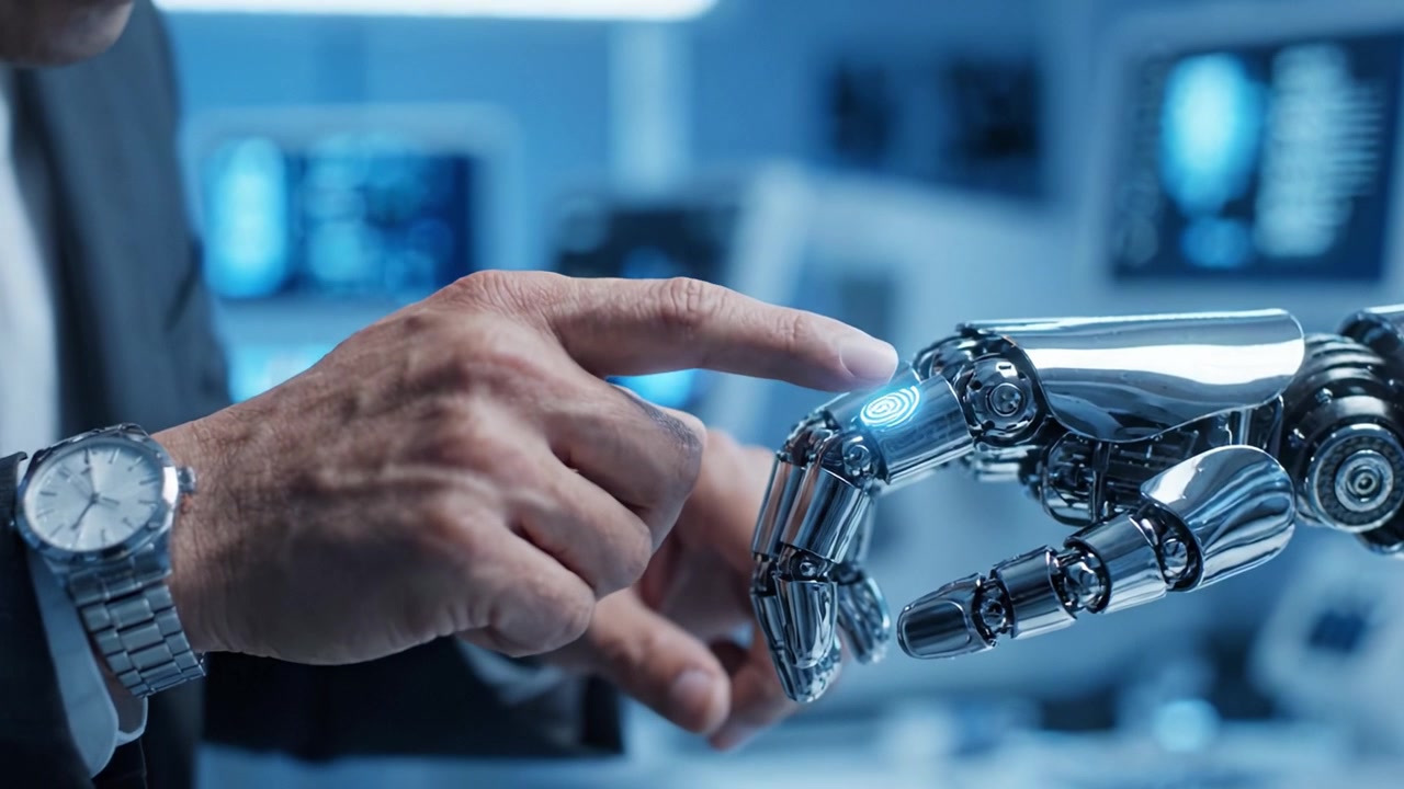 A Close-Up Interaction Between a Human Hand and a Futuristic Robotic Hand in a High-Tech Laboratory, Showcasing Advanced Technology and Human-Robot Collaboration