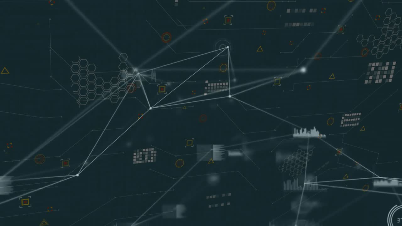 Teal field spawning lines and nodes, ring pulsing and network dissolving showing data