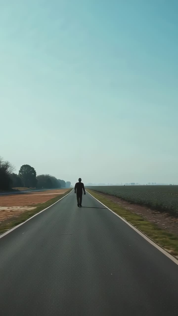 First frame showing man walking away along straight road, camera aligning, trees left fields right