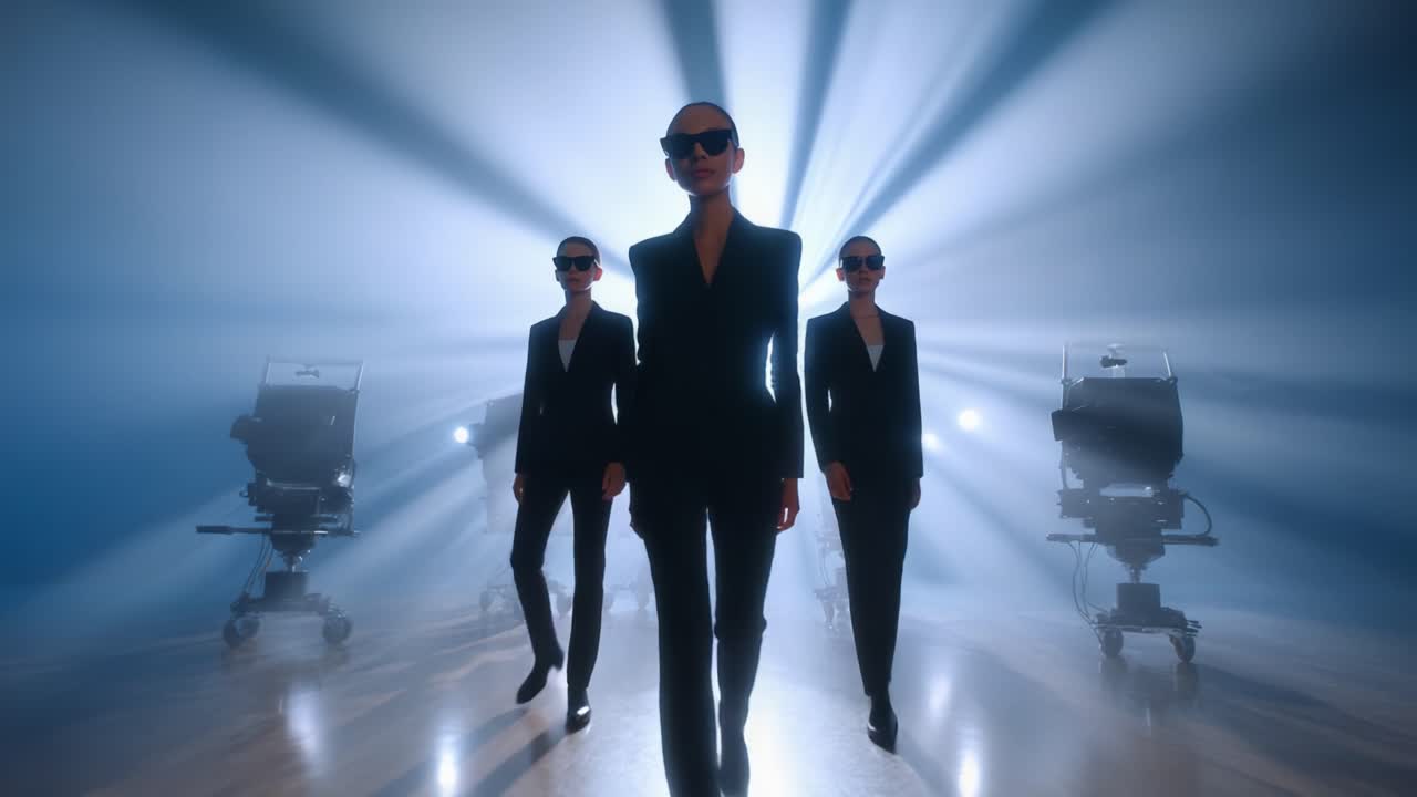 Three Stylish Figures Stride Confidently in a Dramatic Light Show, Showcasing Their Chic Black Suits and Sunglasses Against a Backdrop of Radiant Rays