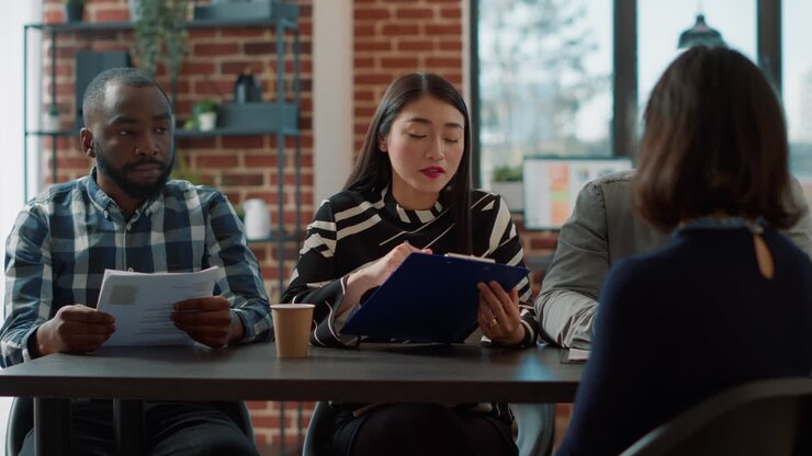Diverse group of employees talking to applicant at job interview