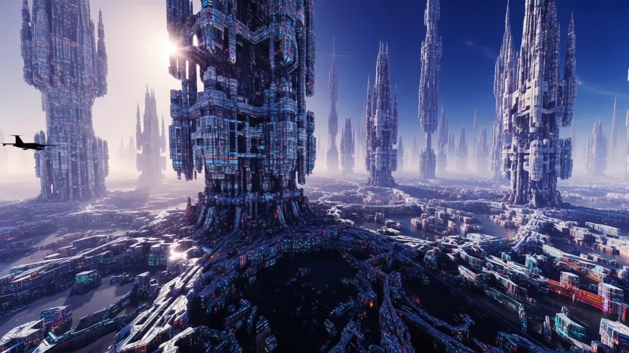 A breathtaking view of a futuristic cityscape featuring towering metallic structures that stretch into the sky, surrounded by an ethereal atmosphere of technology and innovation