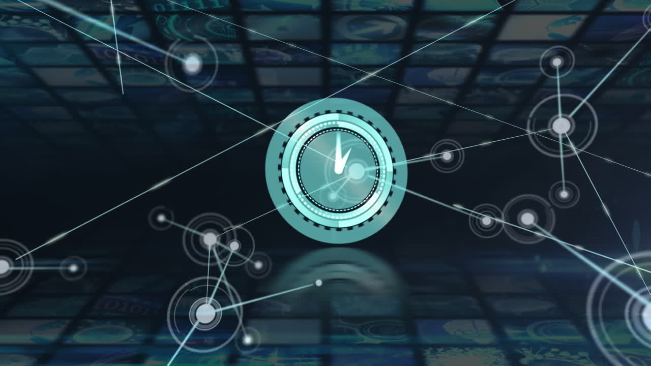 Animation of round scanner and network of connections against data processing on blue background