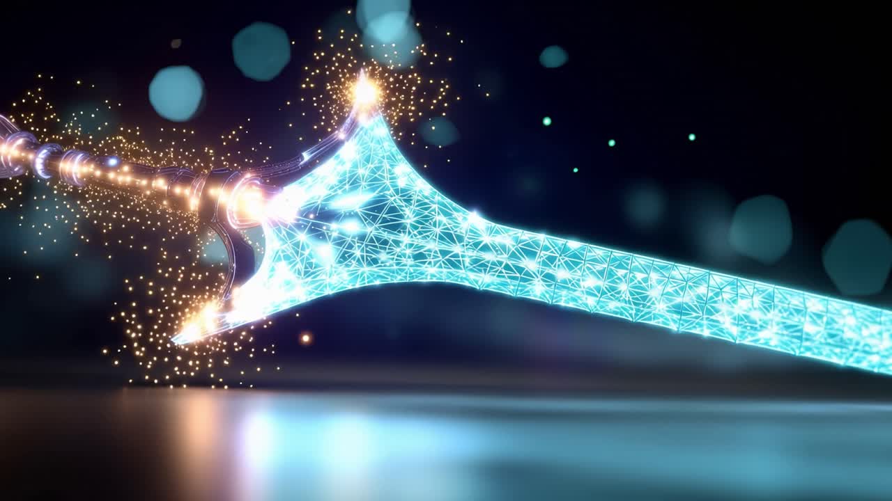 Eine futuristische Klinge leuchtet voller Energie. Blaupausen-Linien pulsieren durch ihre Struktur. Lichtpartikel wirbeln über ihrem Griff. Die Klinge ruht auf einer dunklen, reflektierenden Oberfläche. Ideal für Science-Fiction- oder Fantasy-Visuals.