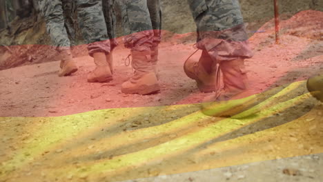 animación de la bandera de alemania sobre los pies de los soldados en marcha