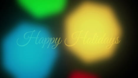 animación de texto de felices fiestas sobre llamaradas de lentes multicolores contra un fondo negro