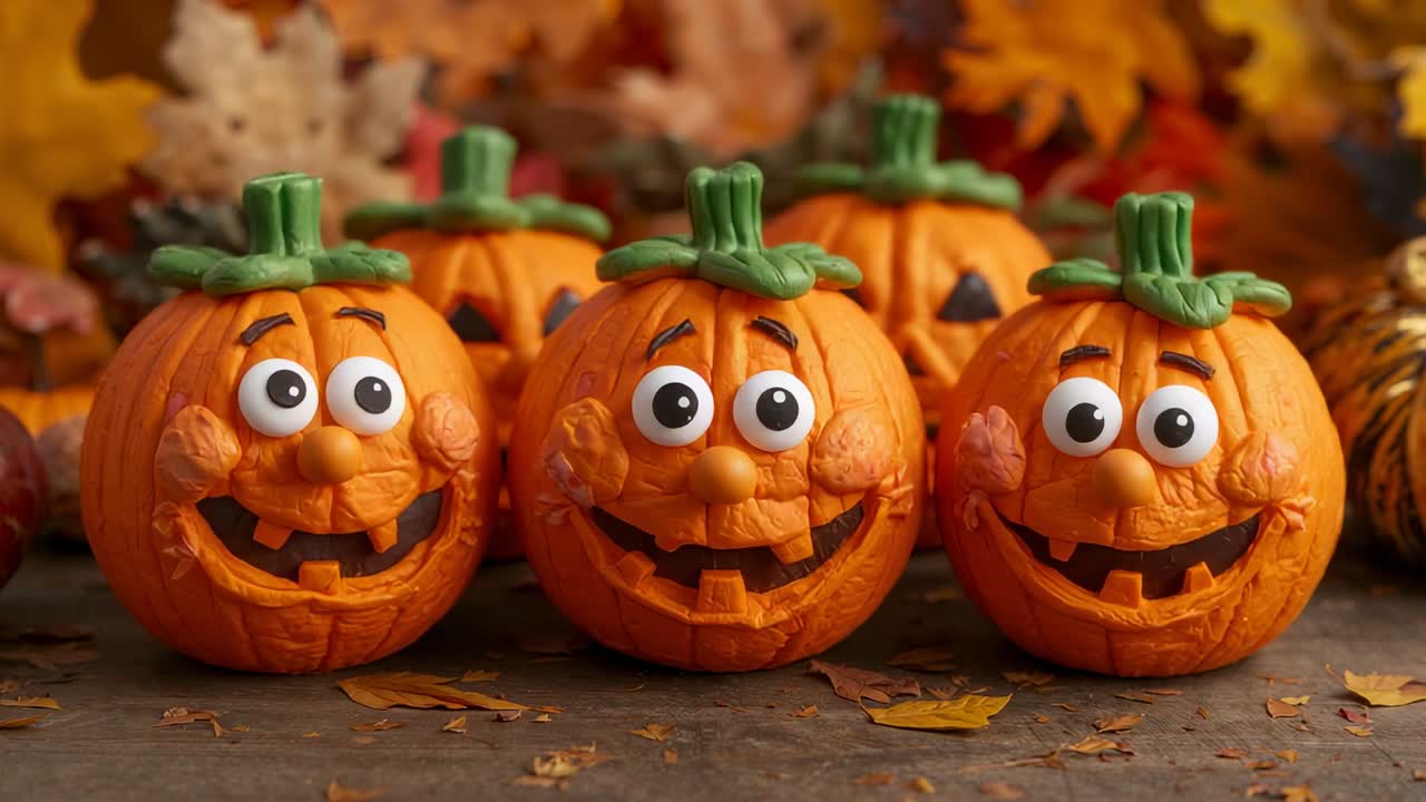 Footage showing three smiling pumpkin ornaments resting on tabletop among leaves celebrating autumn