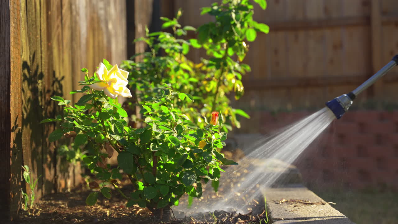 Person watering the roses in a home garden