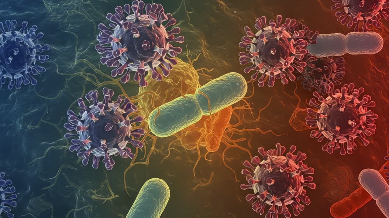 Stunning Visualization of Microbial Interactions, Showcasing Viruses and Bacteria in a Colorful Microscopic Environment - Exploring the Unseen World of Pathogens