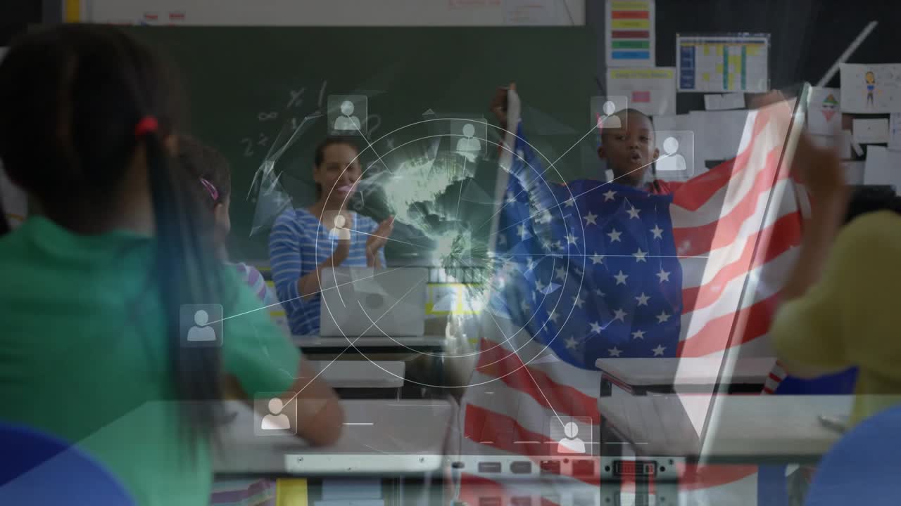 Ragazzo che alza la mano e srotola una bandiera statunitense in aula, nodi di un globo digitale che si formano mentre l'insegnante applaude.