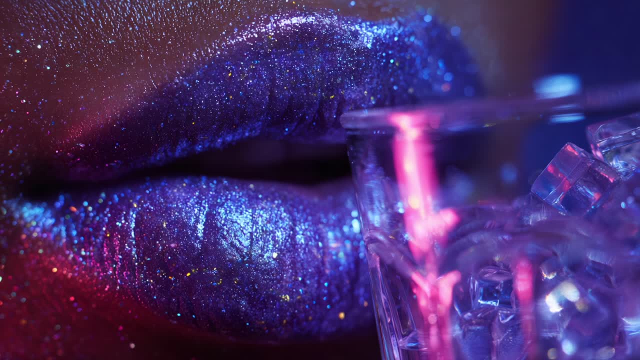 Close-up of Shimmering Lips with Glitter and Ice: A Mesmerizing Beauty Shot Capturing the Vibrant Reflection of Light on Glossy, Sparkling Lips Paired with a Glass of Ice, Perfect for Creative Makeup and Drink Aesthetics