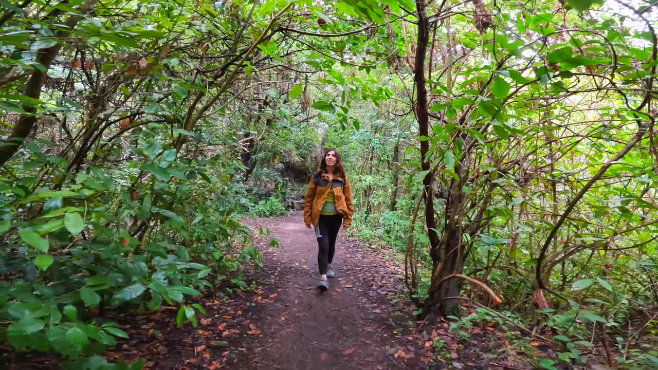 Mulher caminhando em uma trilha florestal
