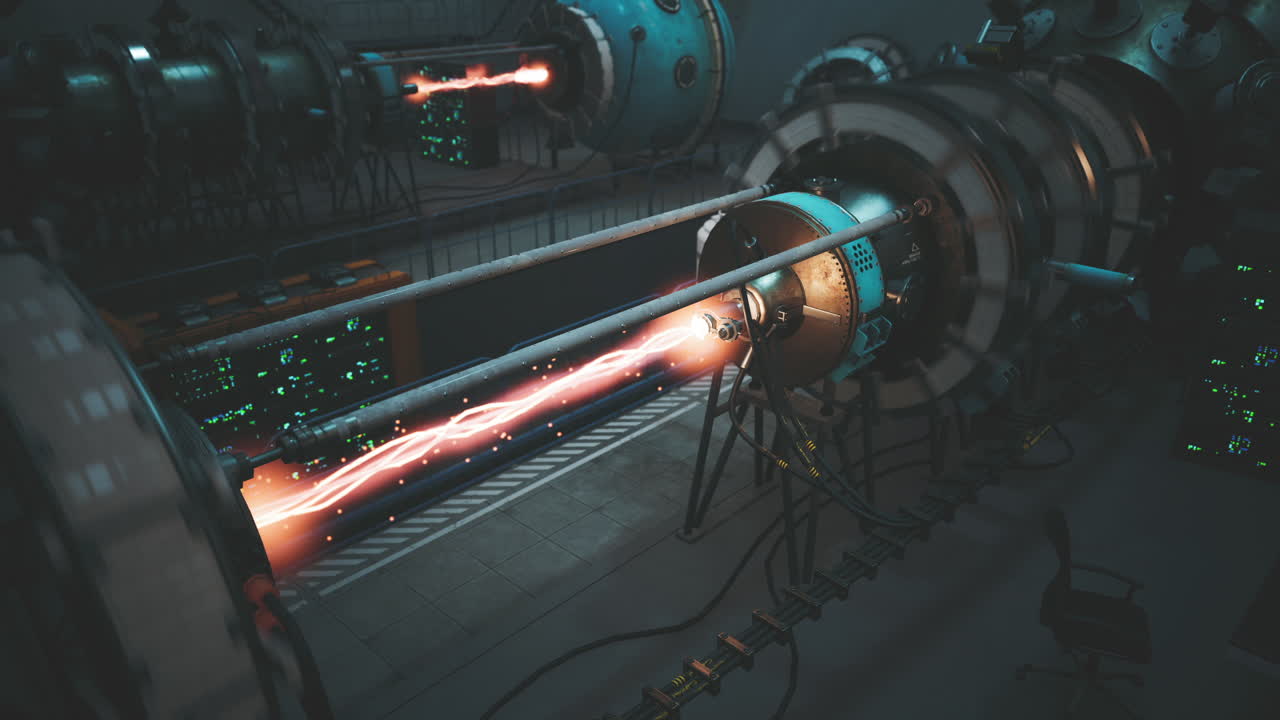 laboratorio futuristico con raggi di energia in una struttura scientifica ad alta tecnologia