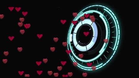 Animation-of-hearts-over-scope-scanning-on-black-background