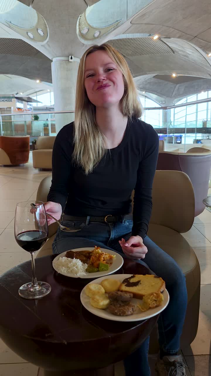 Blonde woman waiting in airport lounge with relaxed posture
