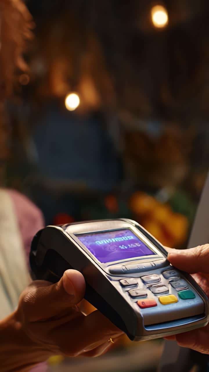 A Close-Up of a Payment Terminal in Use, Demonstrating Contactless Payment Technology at a Retail Checkout with Soft Lighting and Engaging Background Elements